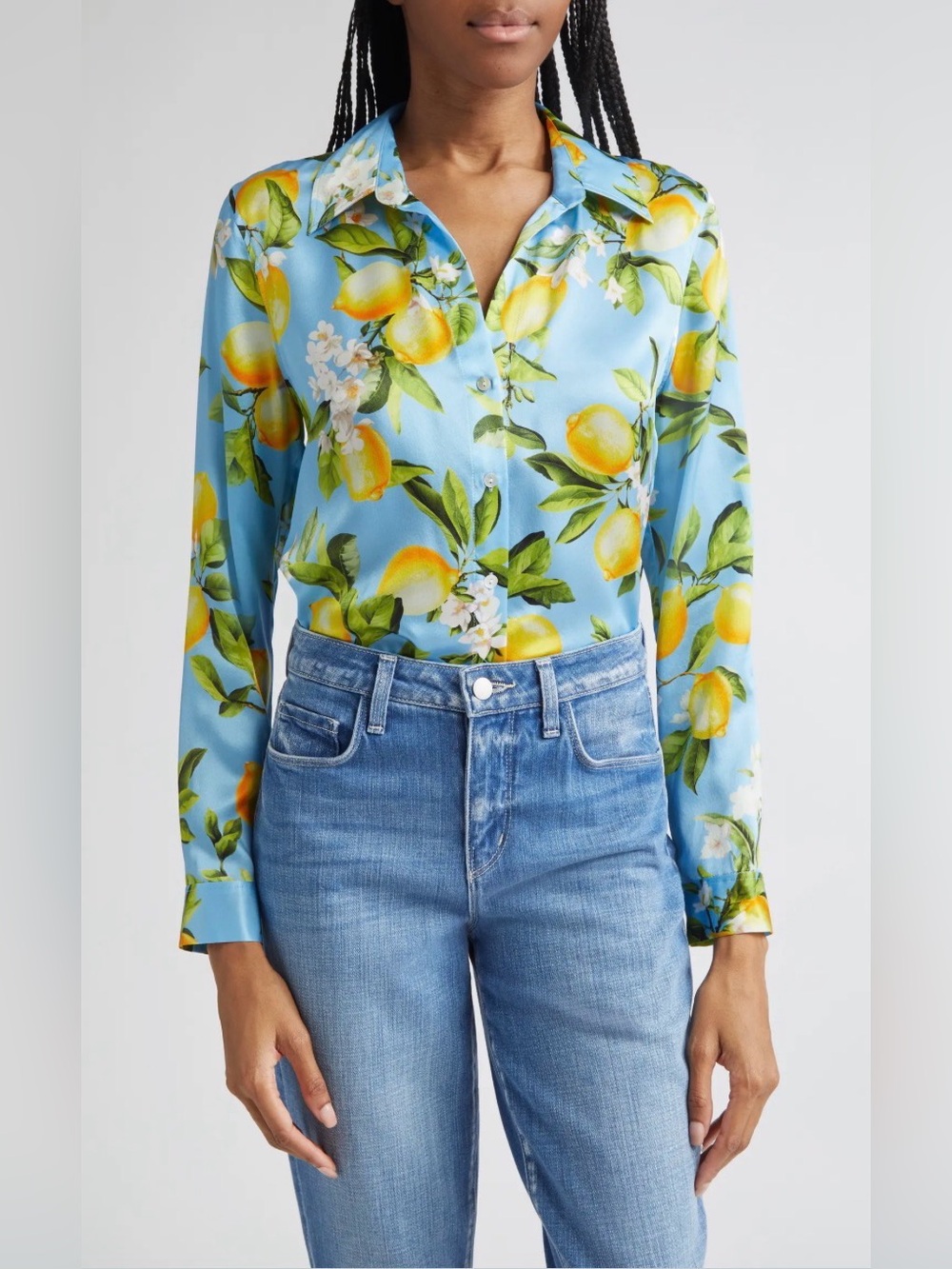 L'AGENCE Tyler Blue Lemon-Print Silk Shirt